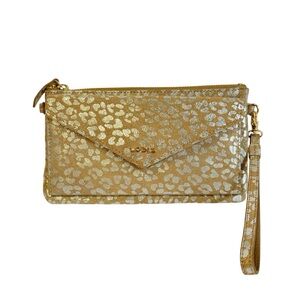 Lodis Animal Print Wristlet Wallet Metallic Silver Leopard Print Tan Leather EUC